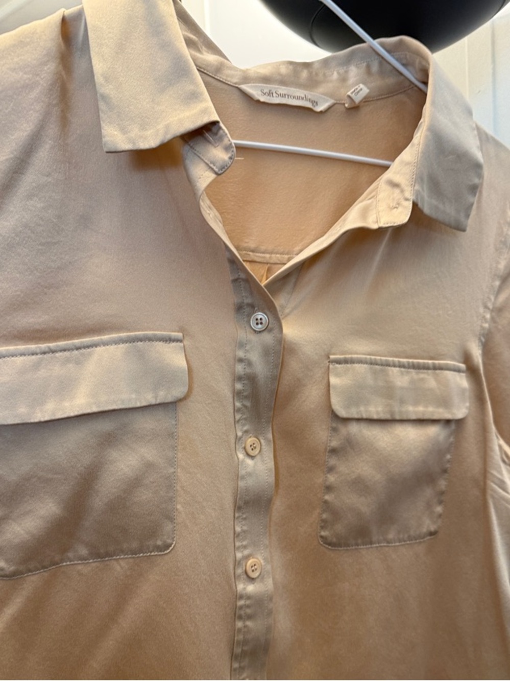 Soft Surroundings 100% Silk Pewter Button-Down Pocket Shirt